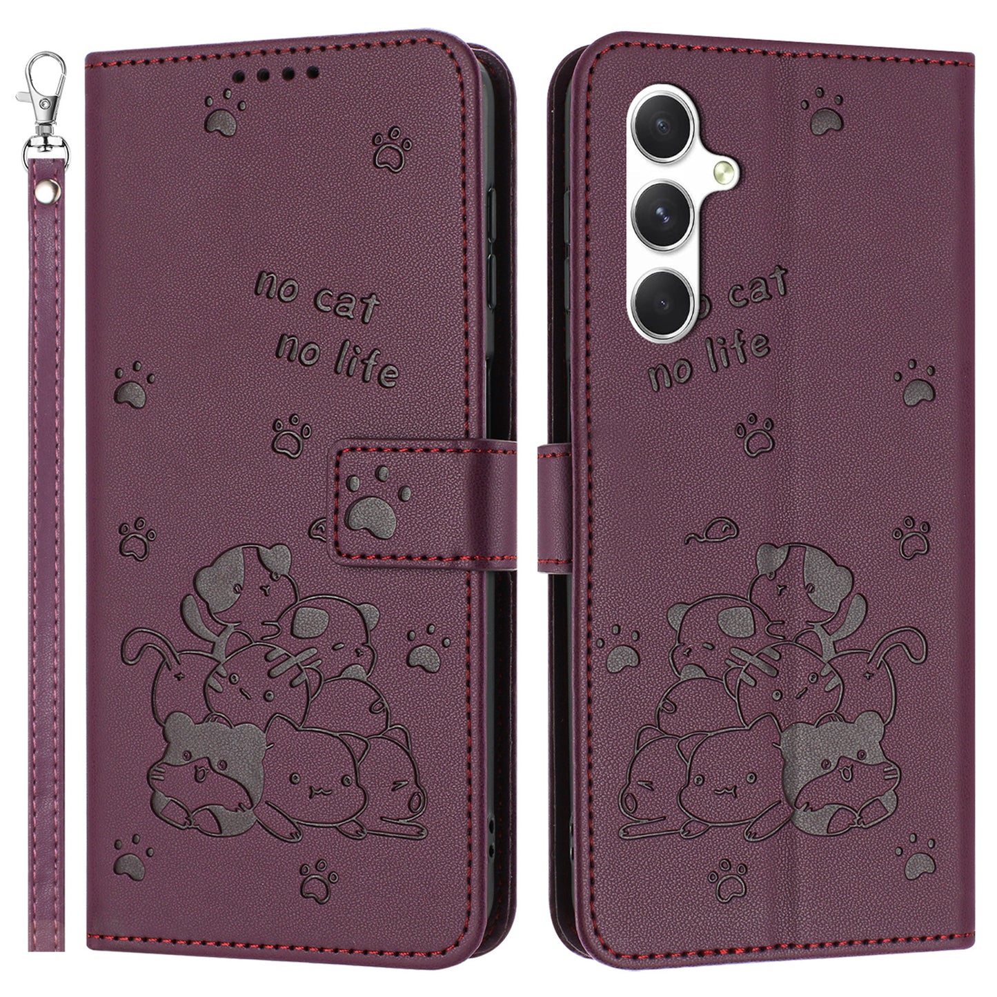 For Samsung Galaxy A16 5G / A16 4G Case with Strap Cats Imprint Leather Wallet Phone Cover - Wine Red