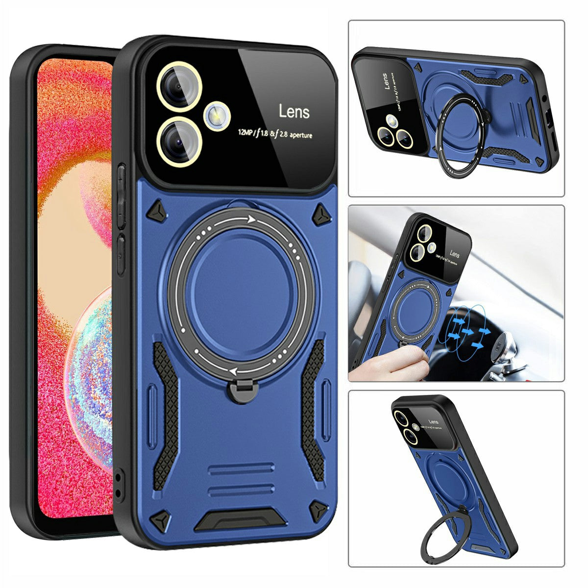 For Samsung Galaxy A06 Case Rotating Magnetic Kickstand PC+TPU Phone Cover - Blue