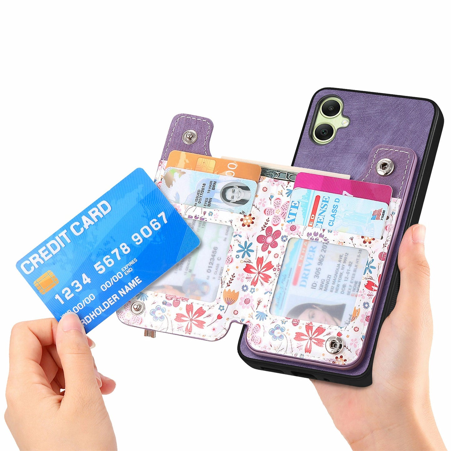 D10 For Samsung Galaxy A06 Case Pattern Kickstand Wallet Leather+TPU Phone Cover RFID Blocking - Purple