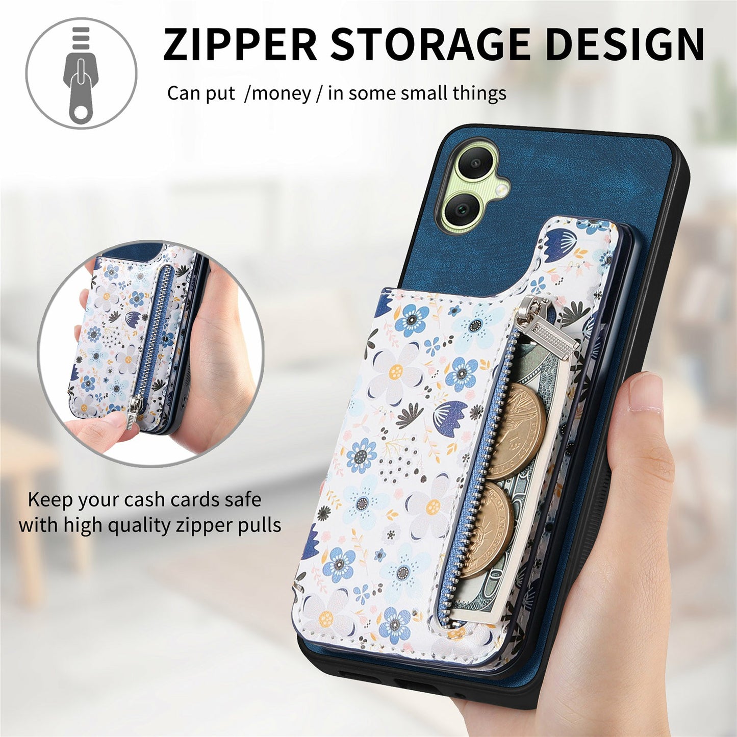 D10 For Samsung Galaxy A06 Case Pattern Kickstand Wallet Leather+TPU Phone Cover RFID Blocking - Blue