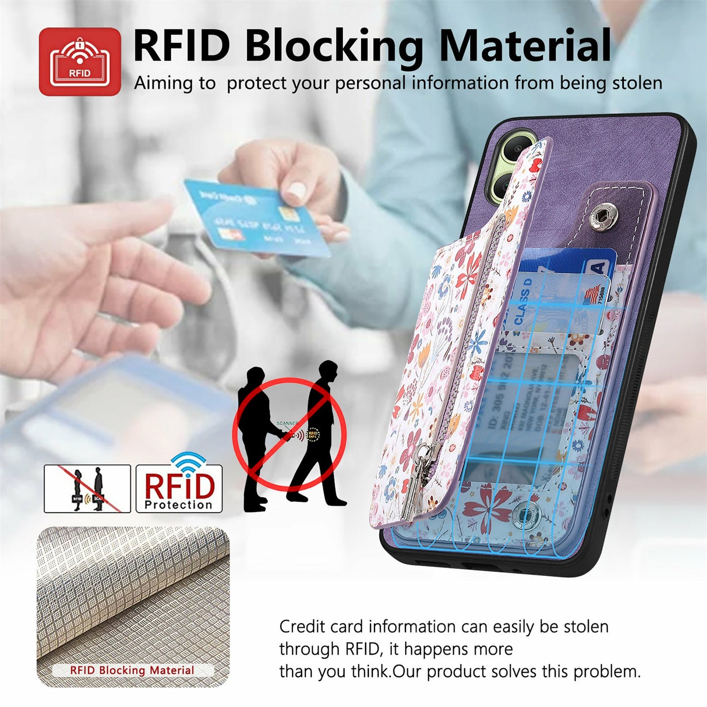 D10 For Samsung Galaxy A06 Case Pattern Kickstand Wallet Leather+TPU Phone Cover RFID Blocking - Blue