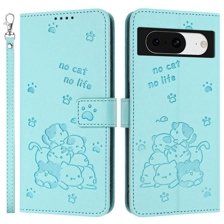 For Google Pixel 8a Case with Strap Cats Imprint Leather Wallet Phone Cover - Green