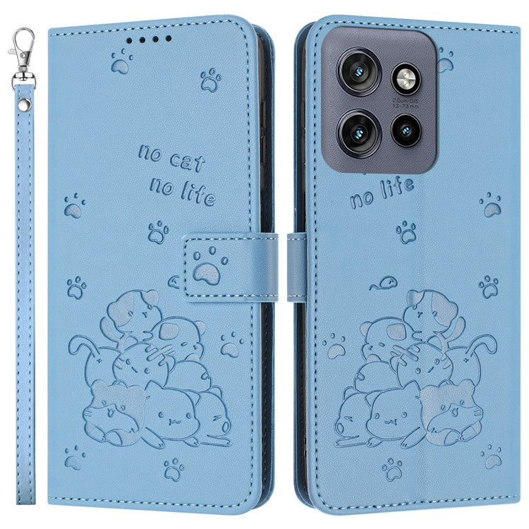 For Motorola Edge 50 Neo 5G / Moto S50 5G / Thinkphone 25 5G Case with Strap Cats Imprint Leather Wallet Phone Cover - Blue