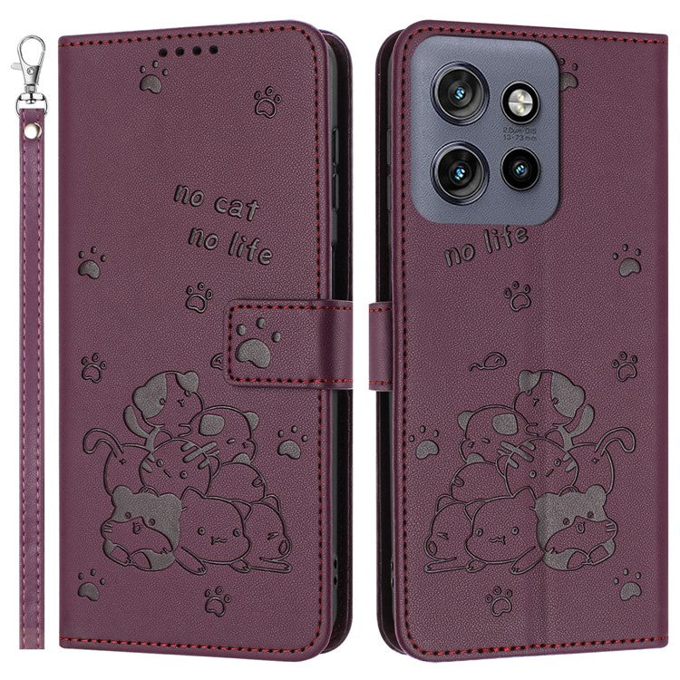 For Motorola Edge 50 Neo 5G / Moto S50 5G / Thinkphone 25 5G Case with Strap Cats Imprint Leather Wallet Phone Cover - Wine Red