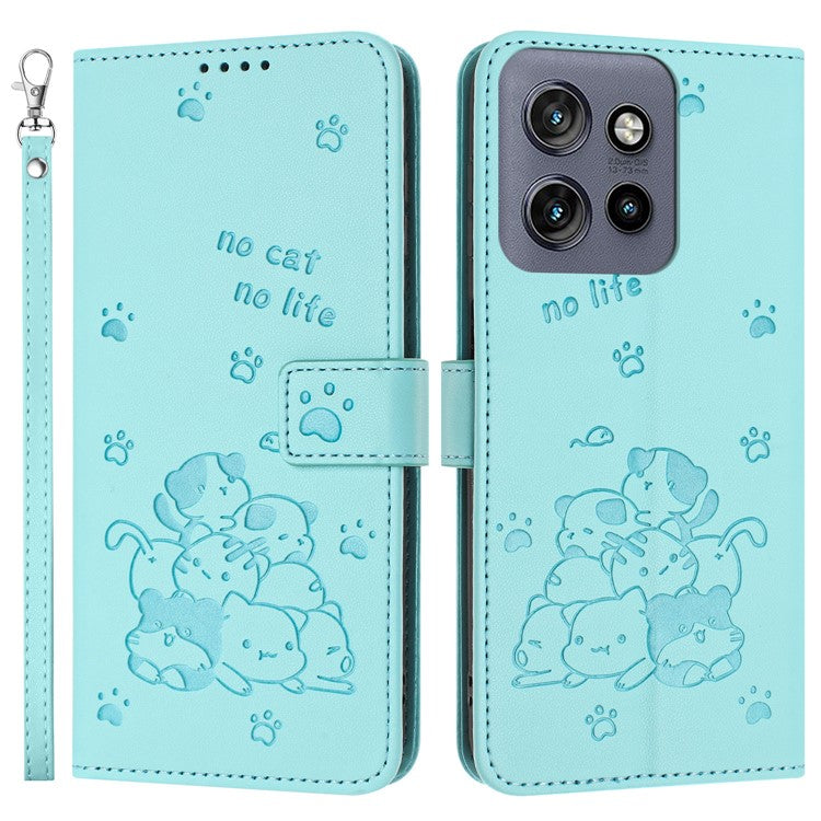 For Motorola Edge 50 Neo 5G / Moto S50 5G / Thinkphone 25 5G Case with Strap Cats Imprint Leather Wallet Phone Cover - Green