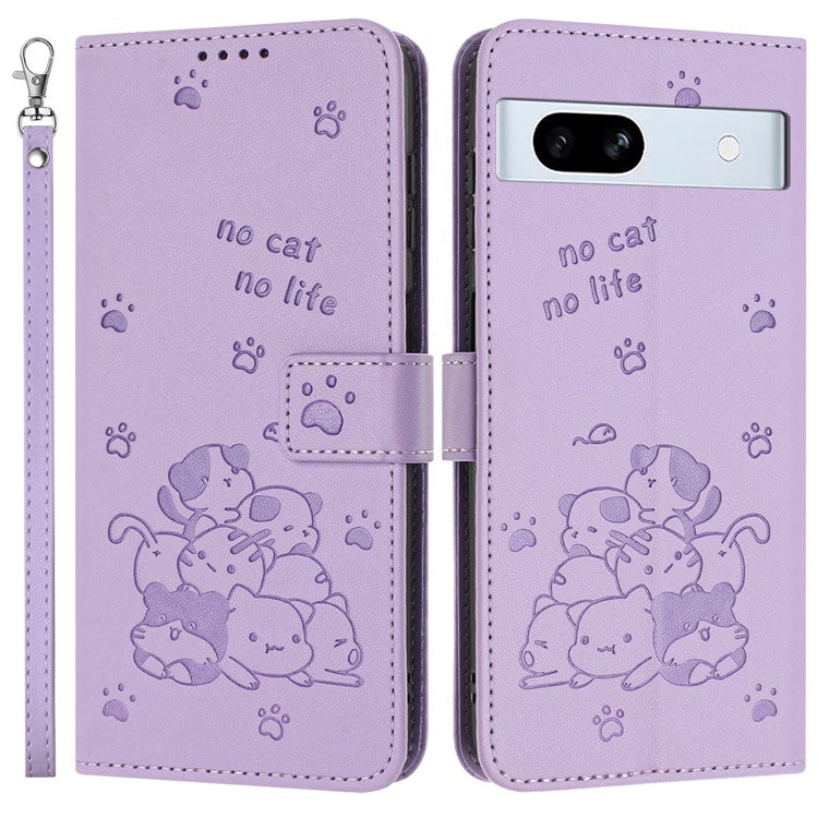 For Google Pixel 7a Case with Strap Cats Imprint Leather Wallet Phone Cover - Purple