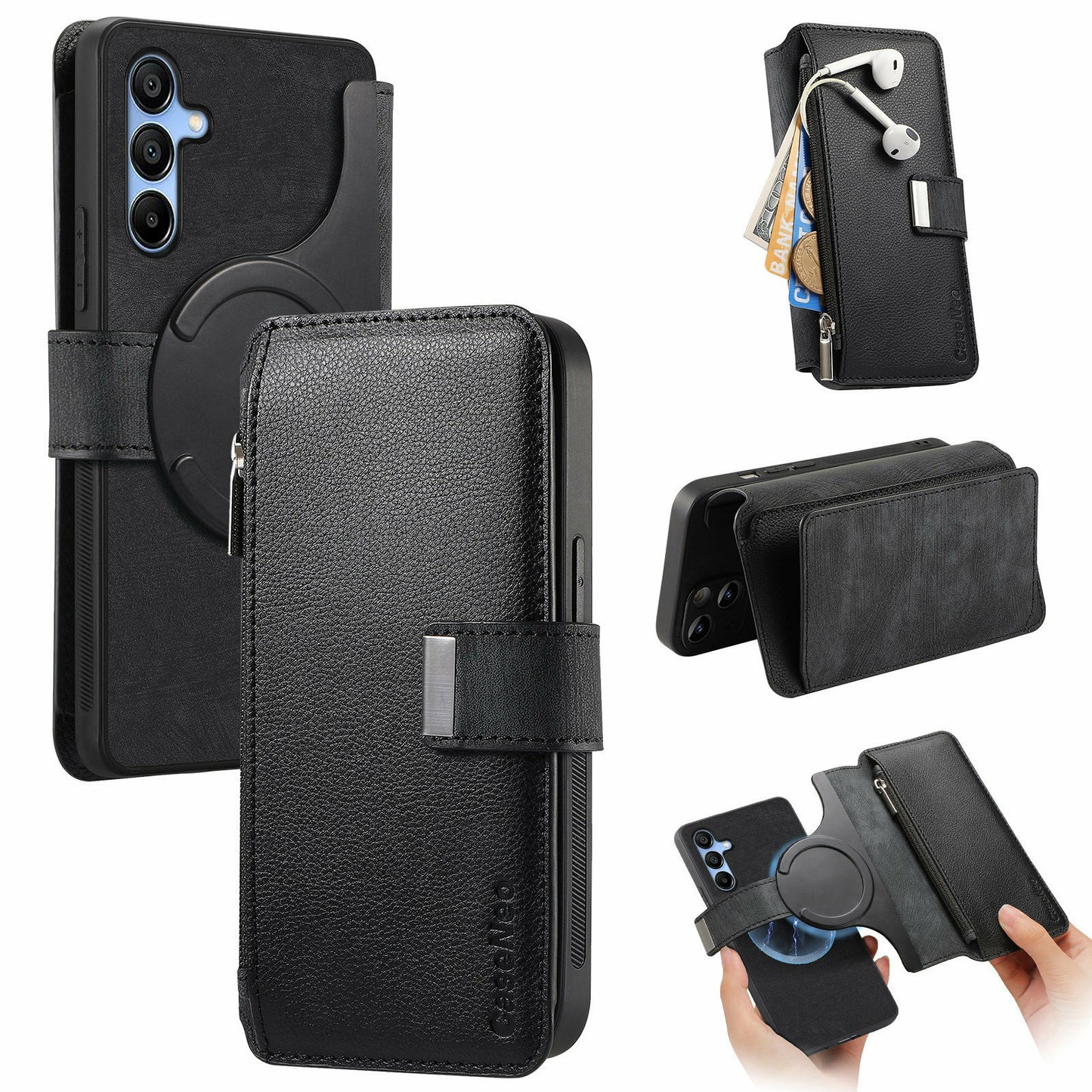 CASENEO MW-02 For Samsung Galaxy A16 5G / A16 4G Case Detachable Magnetic Leather Flip Phone Cover - Black