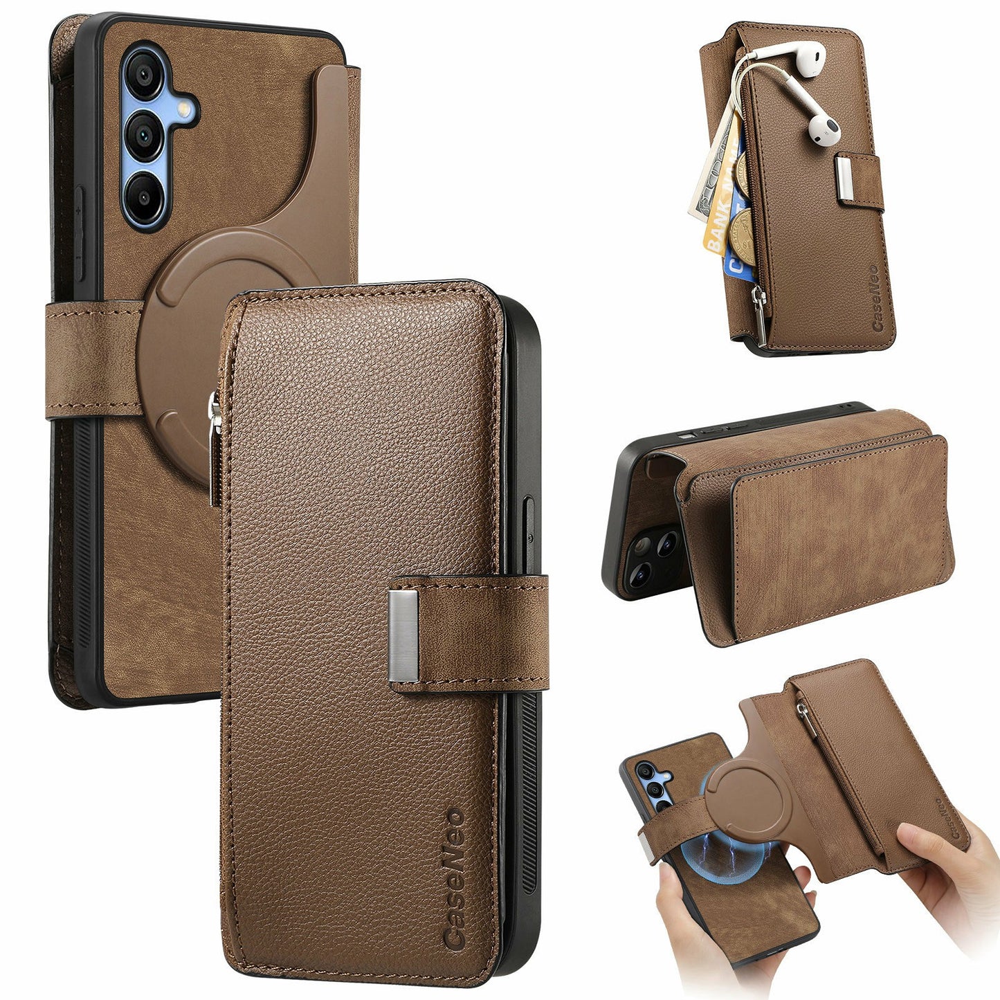 CASENEO MW-02 For Samsung Galaxy A16 5G / A16 4G Case Detachable Magnetic Leather Flip Phone Cover - Brown