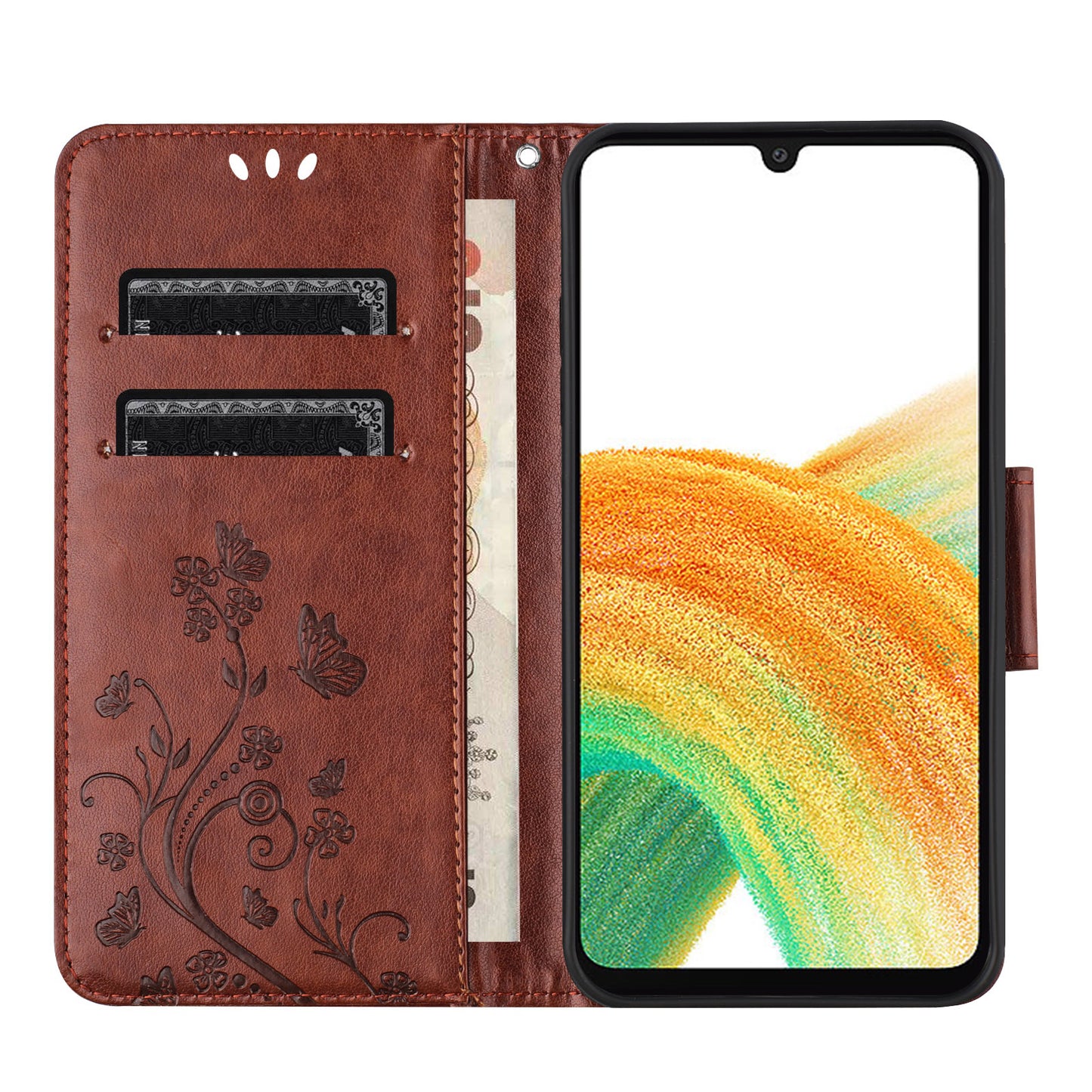 For Samsung Galaxy A16 5G / A16 4G Case Imprinted Mini Butterfly Leather Wallet Phone Cover - Brown