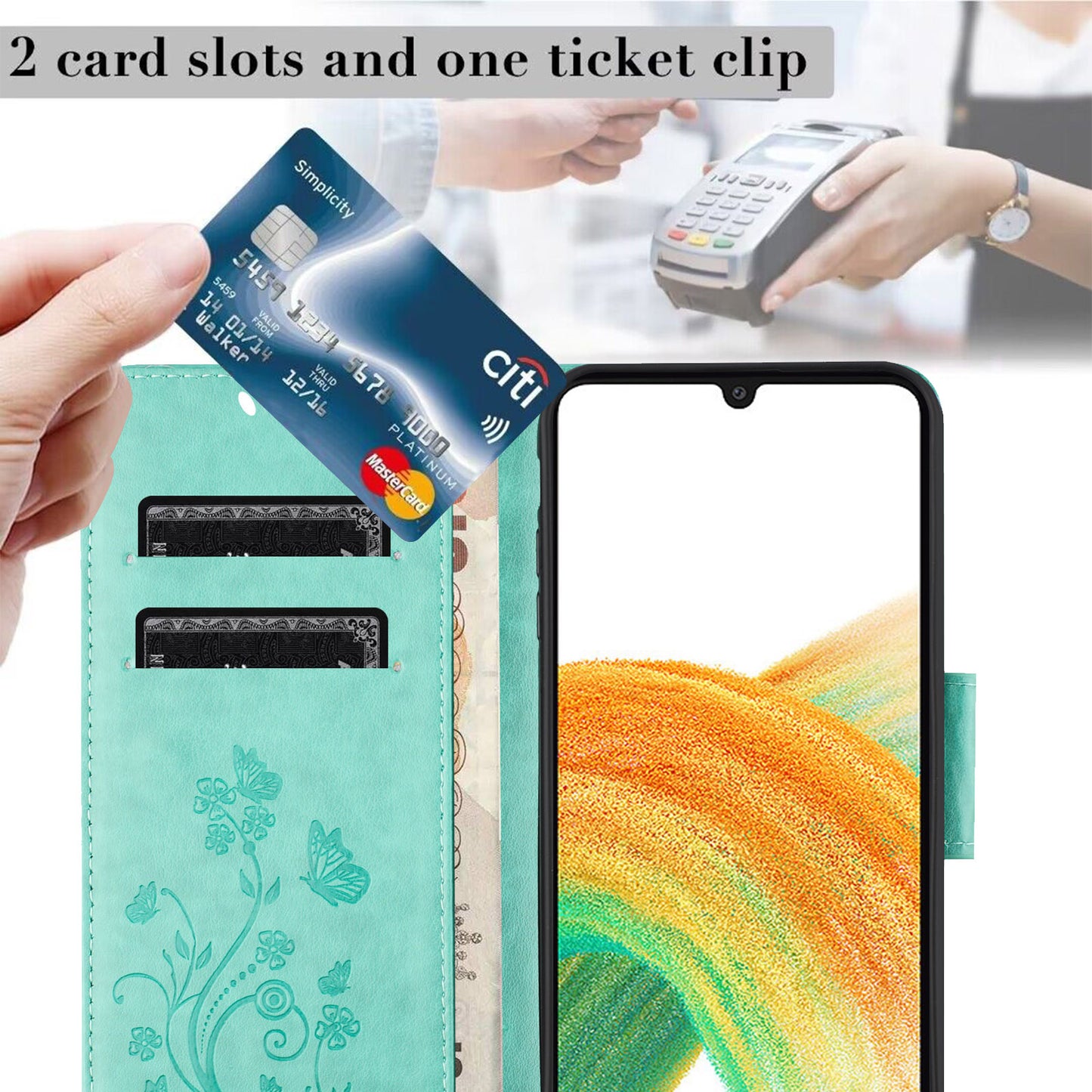 For Samsung Galaxy A16 5G / A16 4G Case Imprinted Mini Butterfly Leather Wallet Phone Cover - Green