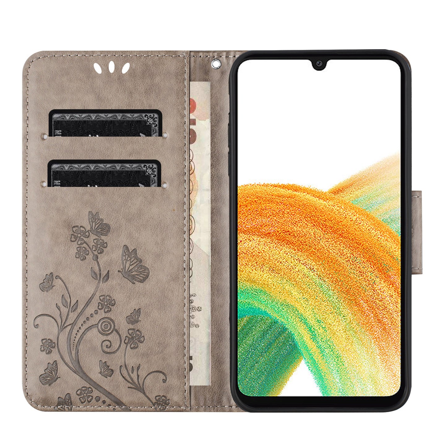 For Samsung Galaxy A16 5G / A16 4G Case Imprinted Mini Butterfly Leather Wallet Phone Cover - Grey
