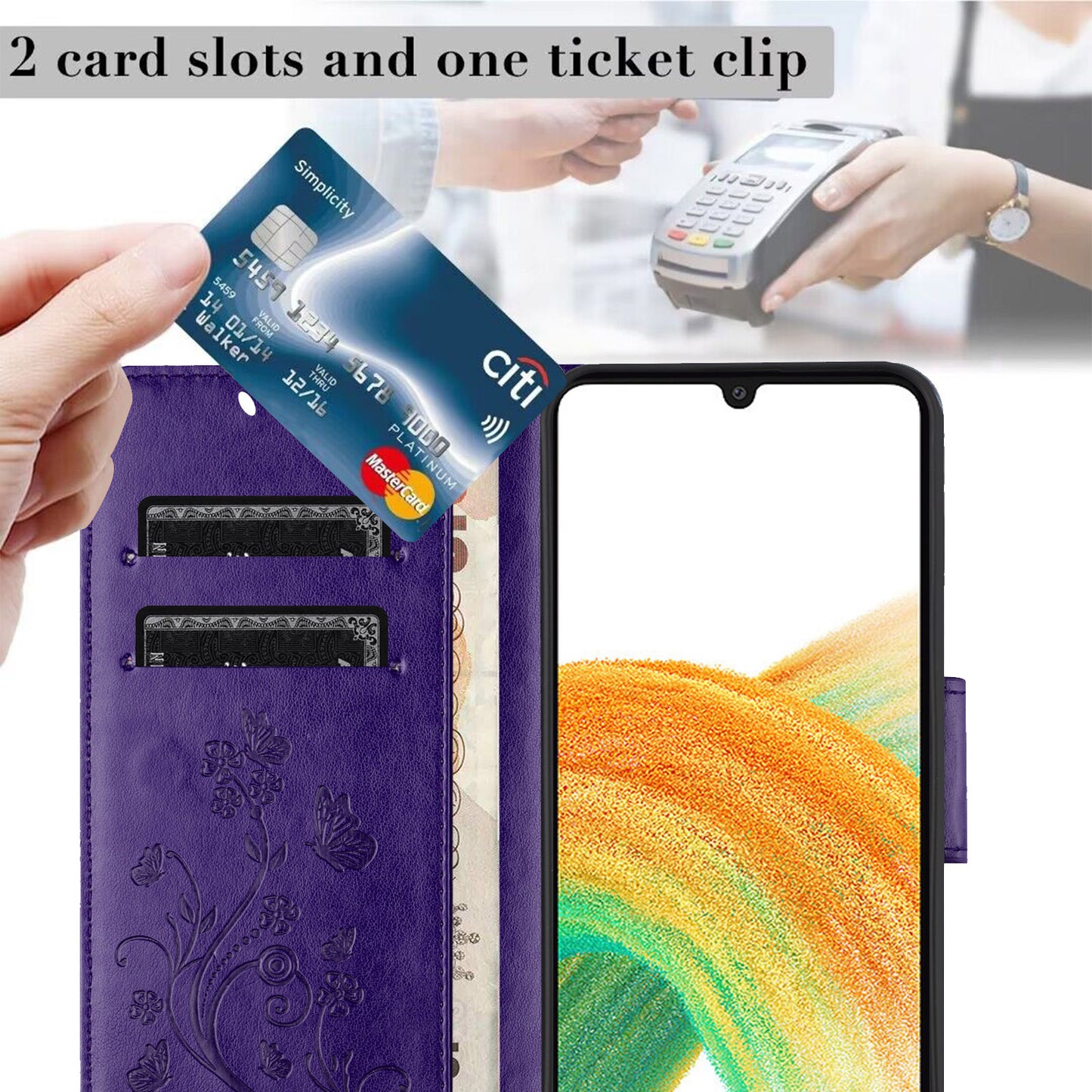 For Samsung Galaxy A16 5G / A16 4G Case Imprinted Mini Butterfly Leather Wallet Phone Cover - Dark Purple
