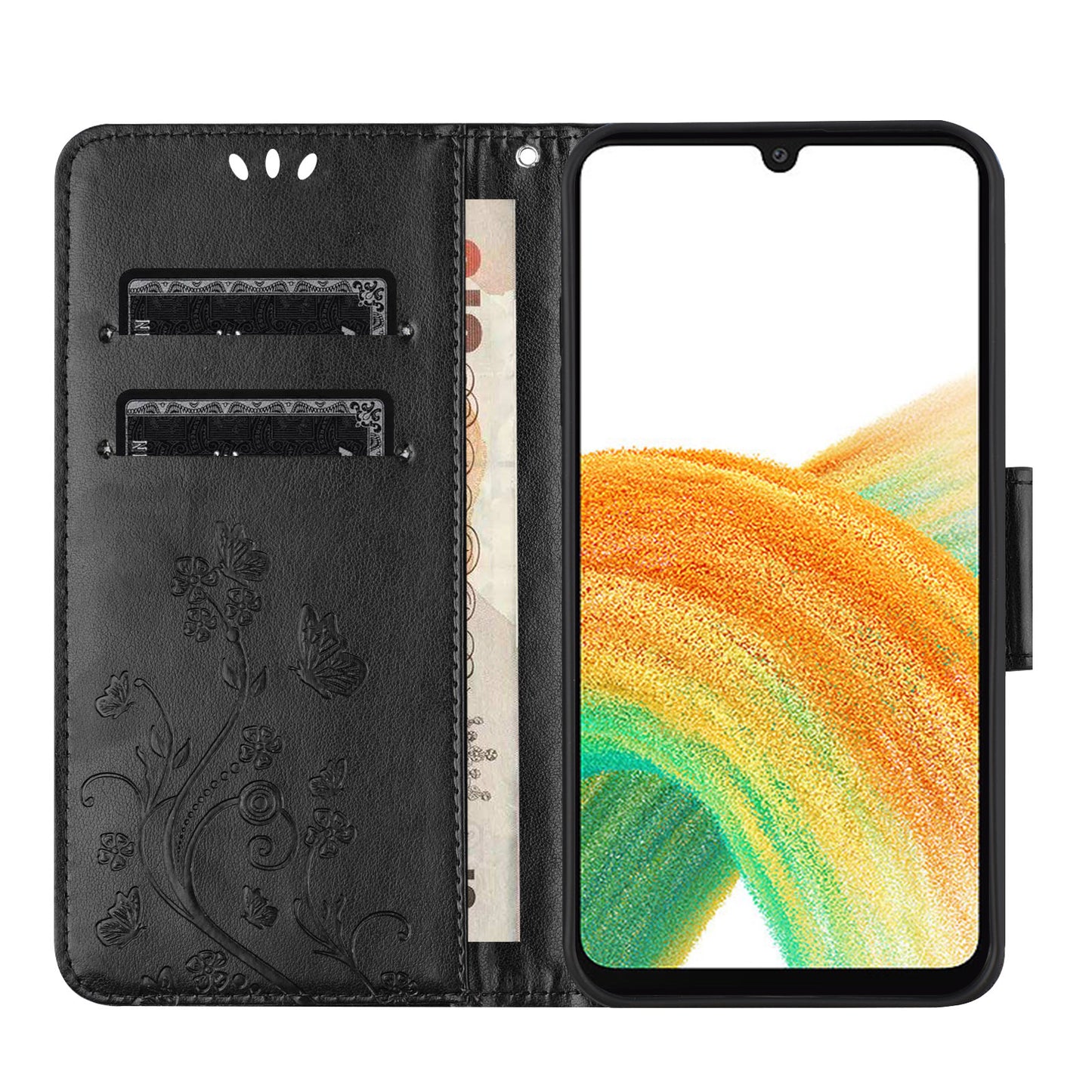 For Samsung Galaxy A16 5G / A16 4G Case Imprinted Mini Butterfly Leather Wallet Phone Cover - Black