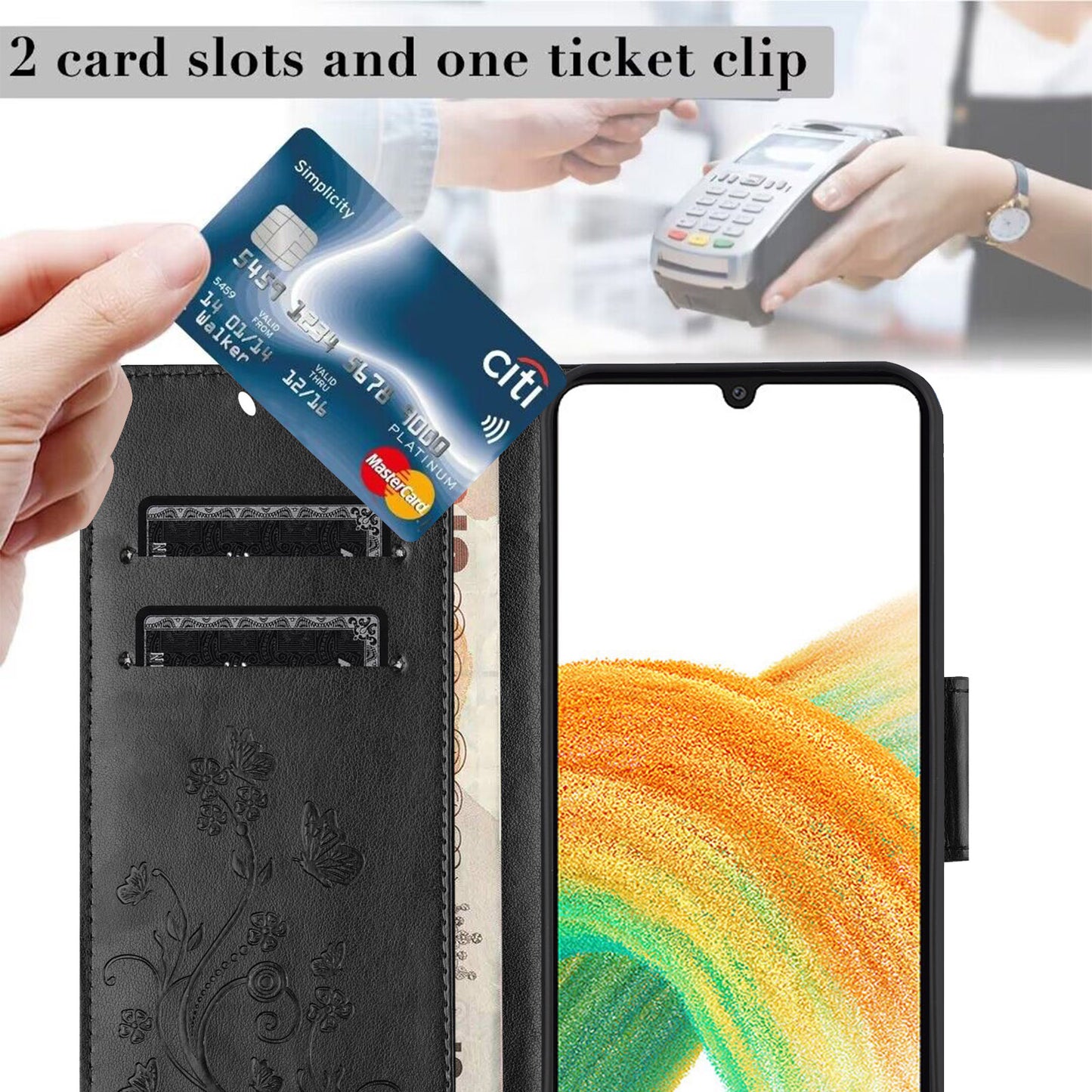 For Samsung Galaxy A16 5G / A16 4G Case Imprinted Mini Butterfly Leather Wallet Phone Cover - Black