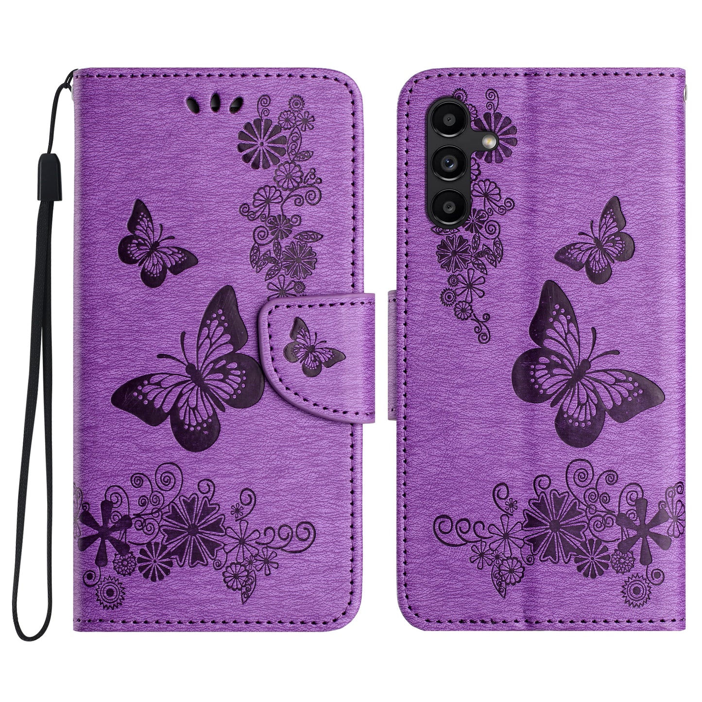 For Samsung Galaxy A16 5G / A16 4G Case Butterflies Flower Leather Wallet Flip Phone Cover - Purple