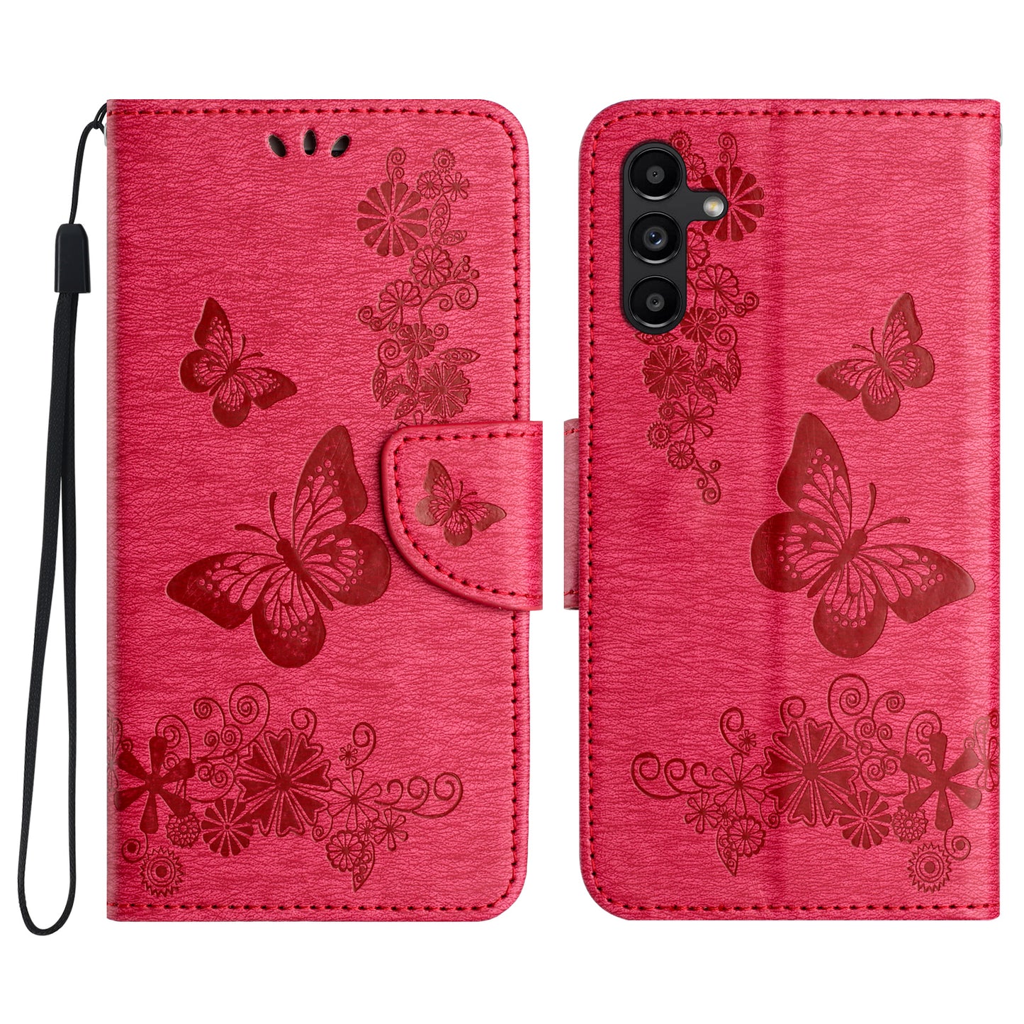 For Samsung Galaxy A16 5G / A16 4G Case Butterflies Flower Leather Wallet Flip Phone Cover - Red