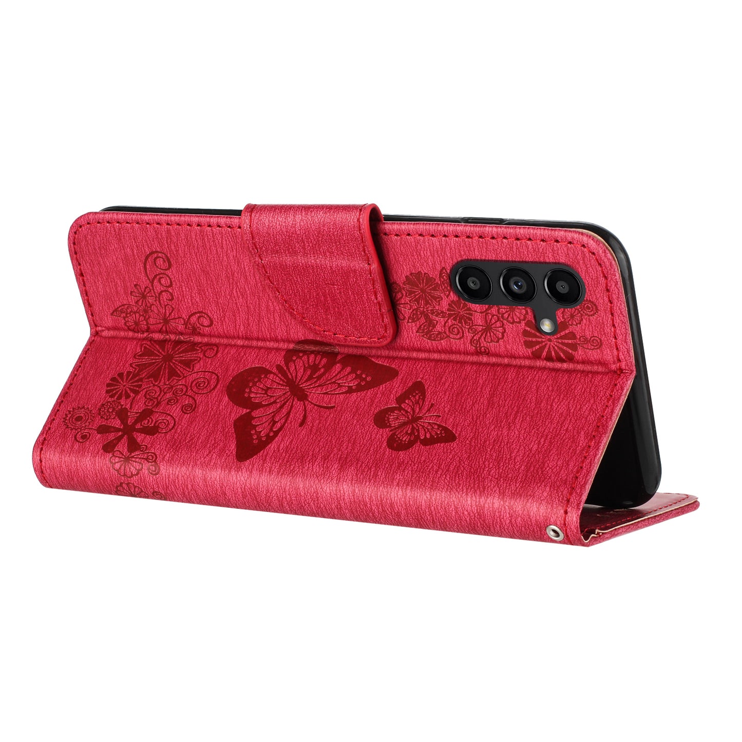 For Samsung Galaxy A16 5G / A16 4G Case Butterflies Flower Leather Wallet Flip Phone Cover - Red
