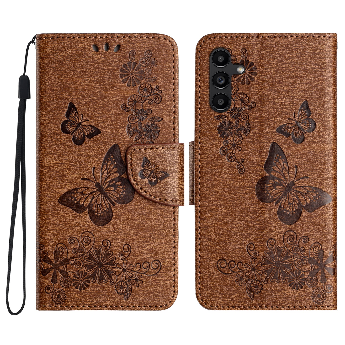 For Samsung Galaxy A16 5G / A16 4G Case Butterflies Flower Leather Wallet Flip Phone Cover - Brown