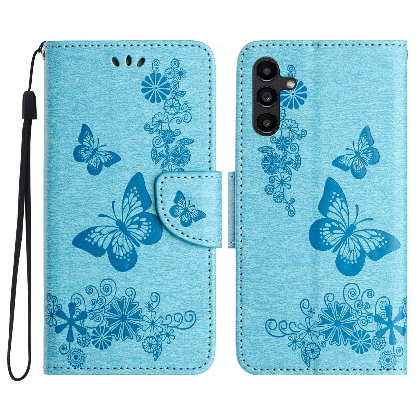 For Samsung Galaxy A16 5G / A16 4G Case Butterflies Flower Leather Wallet Flip Phone Cover - Blue