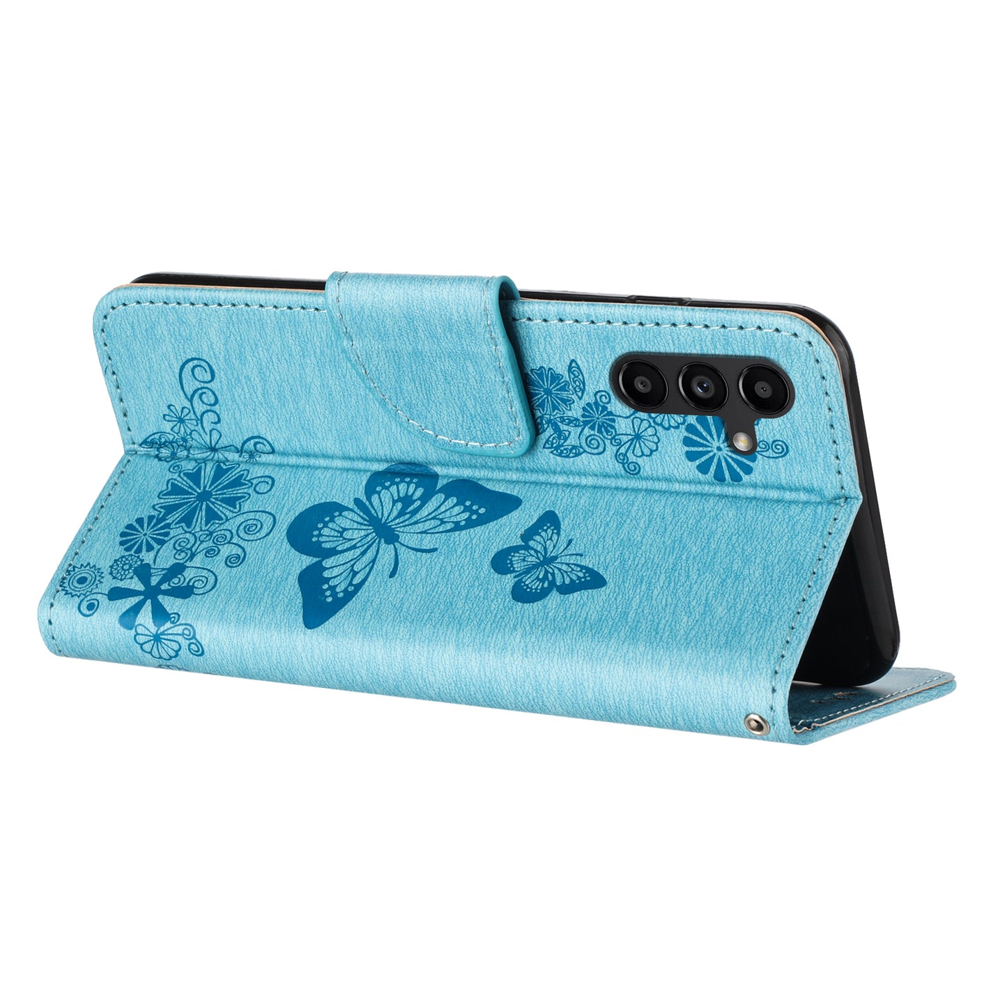 For Samsung Galaxy A16 5G / A16 4G Case Butterflies Flower Leather Wallet Flip Phone Cover - Blue