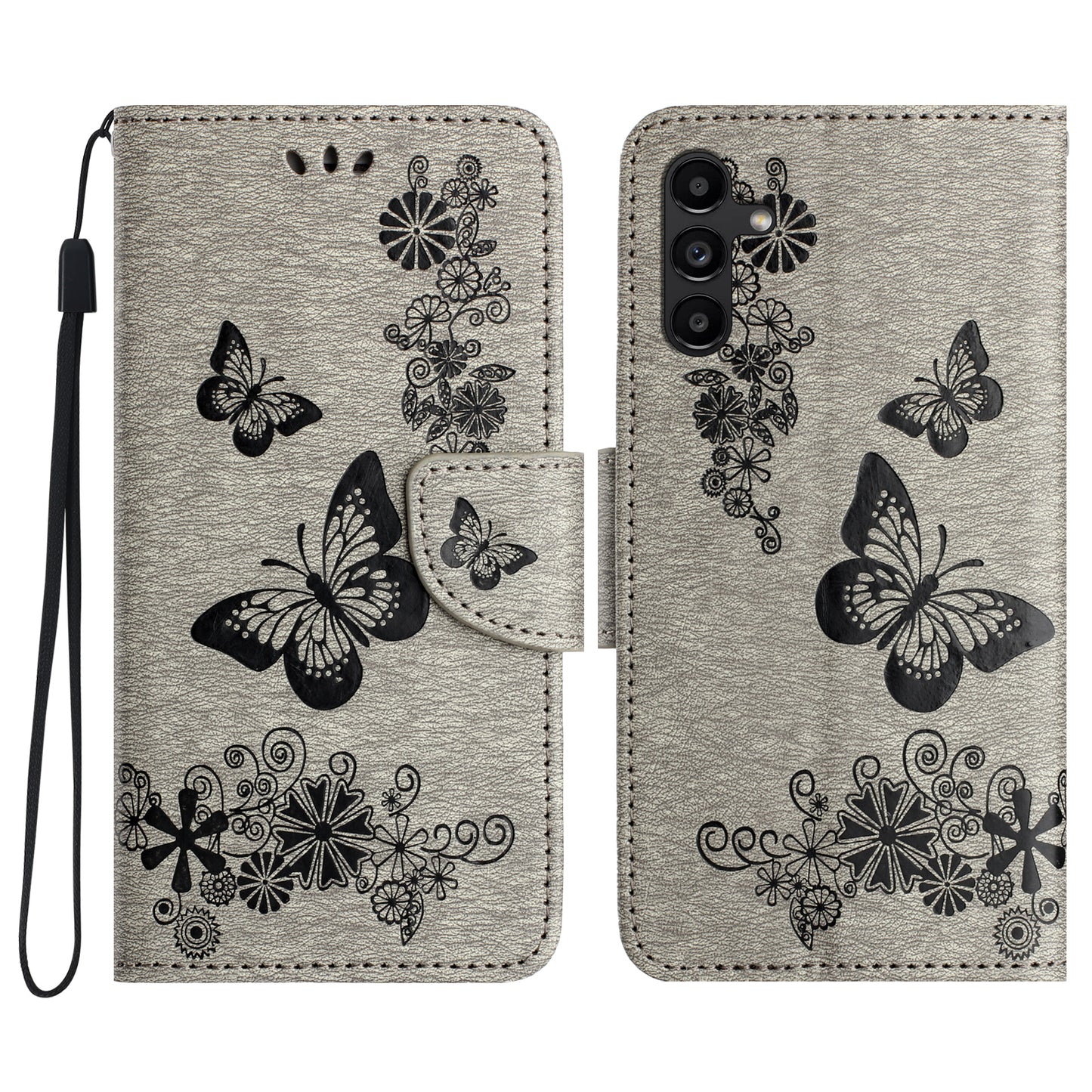 For Samsung Galaxy A16 5G / A16 4G Case Butterflies Flower Leather Wallet Flip Phone Cover - Grey