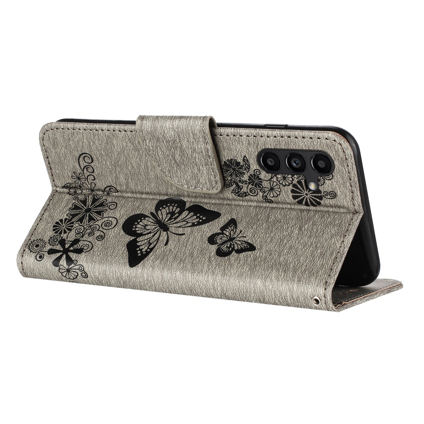 For Samsung Galaxy A16 5G / A16 4G Case Butterflies Flower Leather Wallet Flip Phone Cover - Grey