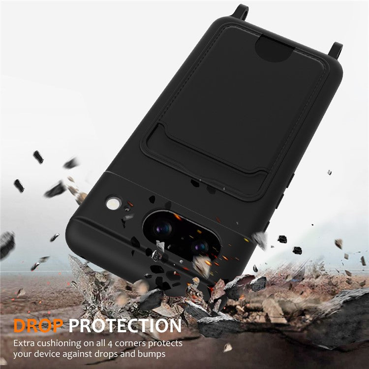 For Google Pixel 8 Case Liquid Silicone Card Holder Phone Back Cover with Lanyard - Black