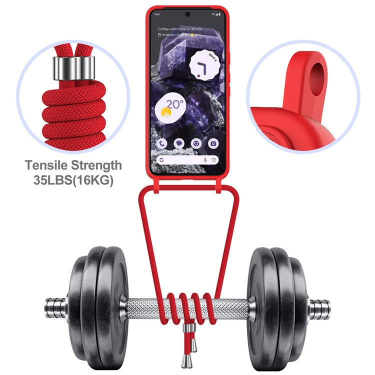 For Google Pixel 8 Case Liquid Silicone Card Holder Phone Back Cover with Lanyard - Red