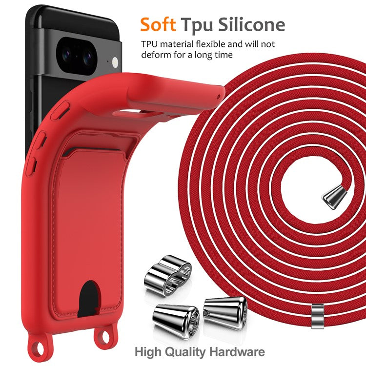 For Google Pixel 8 Case Liquid Silicone Card Holder Phone Back Cover with Lanyard - Red