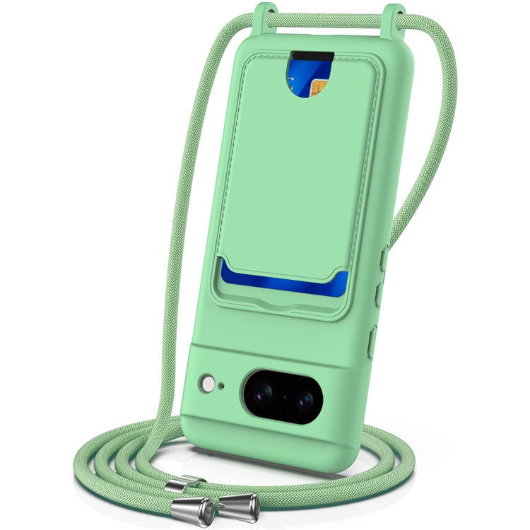 For Google Pixel 8 Case Liquid Silicone Card Holder Phone Back Cover with Lanyard - Green