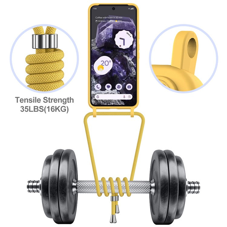 For Google Pixel 8 Case Liquid Silicone Card Holder Phone Back Cover with Lanyard - Yellow