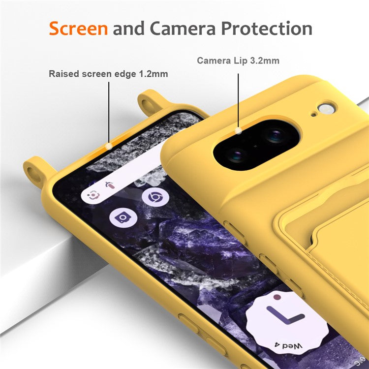 For Google Pixel 8 Case Liquid Silicone Card Holder Phone Back Cover with Lanyard - Yellow