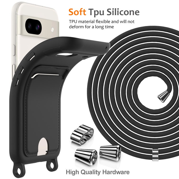 For Google Pixel 8a Case Liquid Silicone Card Holder Phone Back Cover with Lanyard - Black