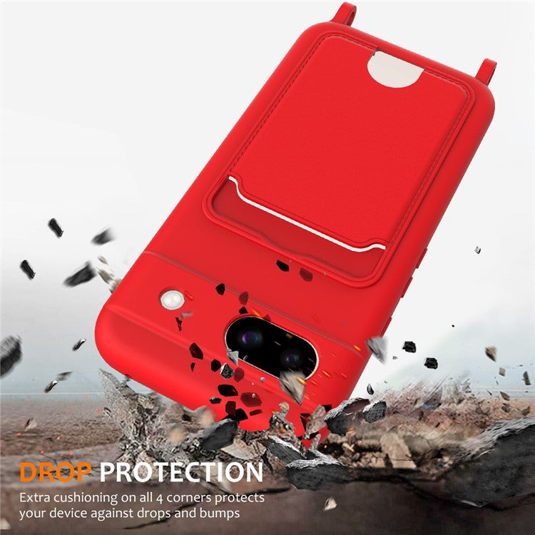 For Google Pixel 8a Case Liquid Silicone Card Holder Phone Back Cover with Lanyard - Red