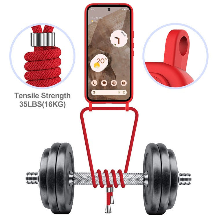 For Google Pixel 8a Case Liquid Silicone Card Holder Phone Back Cover with Lanyard - Red