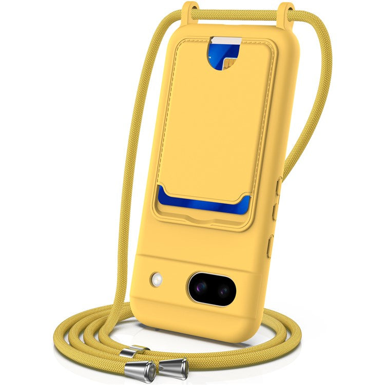 For Google Pixel 8a Case Liquid Silicone Card Holder Phone Back Cover with Lanyard - Yellow