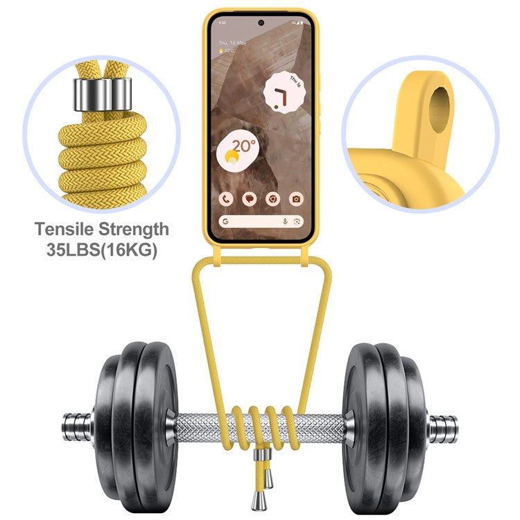 For Google Pixel 8a Case Liquid Silicone Card Holder Phone Back Cover with Lanyard - Yellow