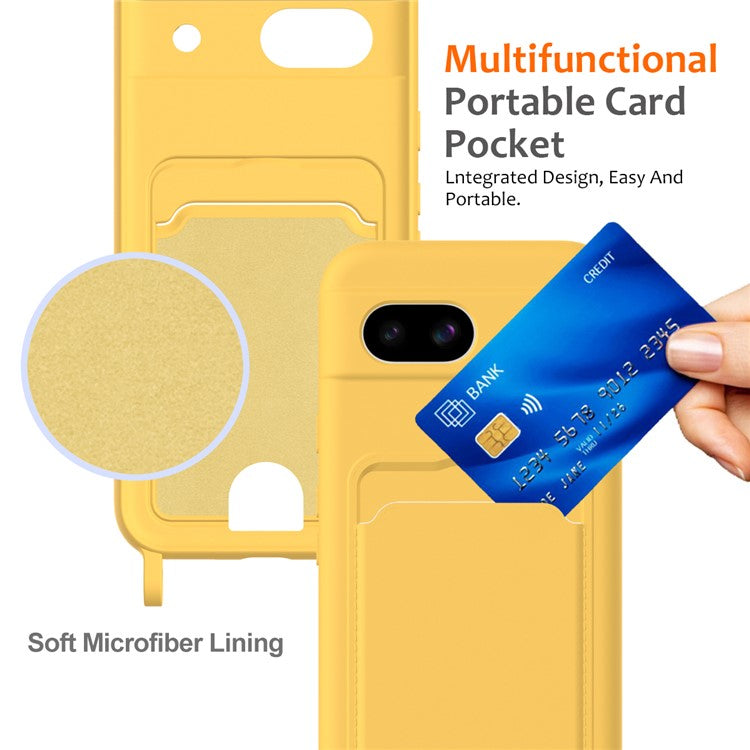 For Google Pixel 8a Case Liquid Silicone Card Holder Phone Back Cover with Lanyard - Yellow