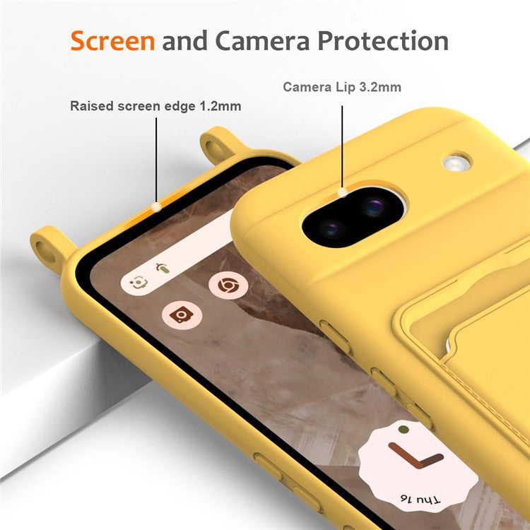 For Google Pixel 8a Case Liquid Silicone Card Holder Phone Back Cover with Lanyard - Yellow