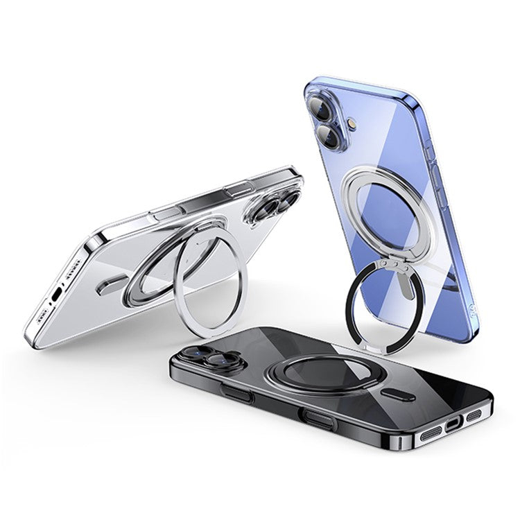 For iPhone 16 Plus Case Compatible with MagSafe Kickstand PC+TPU Phone Cover with Lens Film - Silver