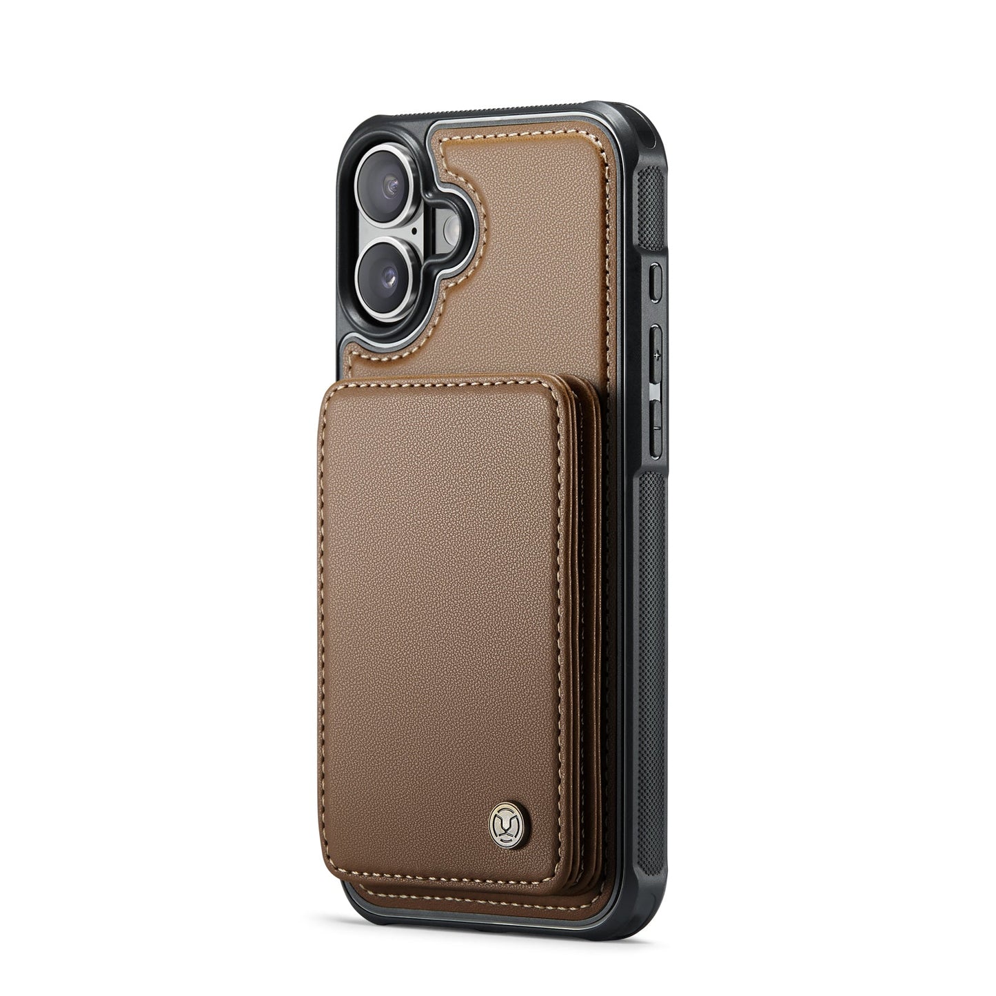 For iPhone 16 Case JEEHOOD J05 Card Holder Kickstand Leather+TPU Phone Cover - Brown
