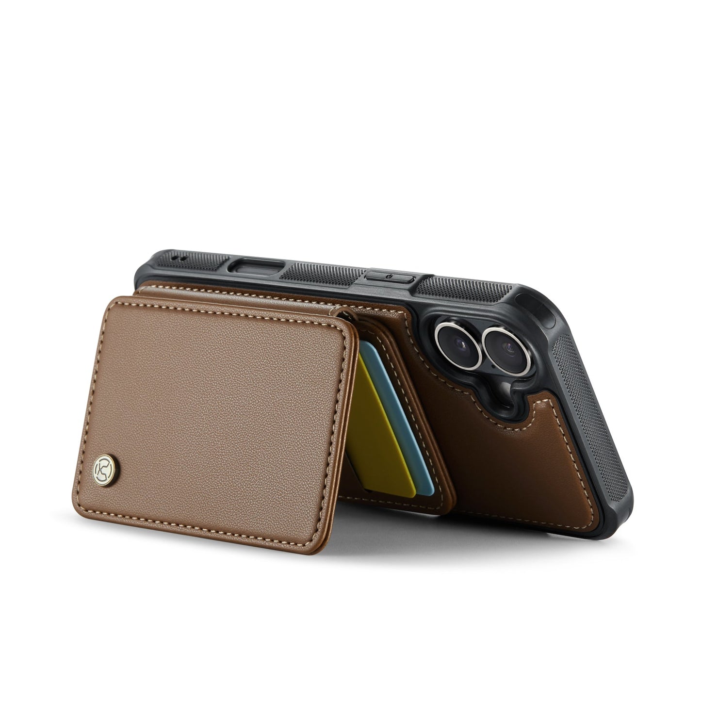 For iPhone 16 Case JEEHOOD J05 Card Holder Kickstand Leather+TPU Phone Cover - Brown