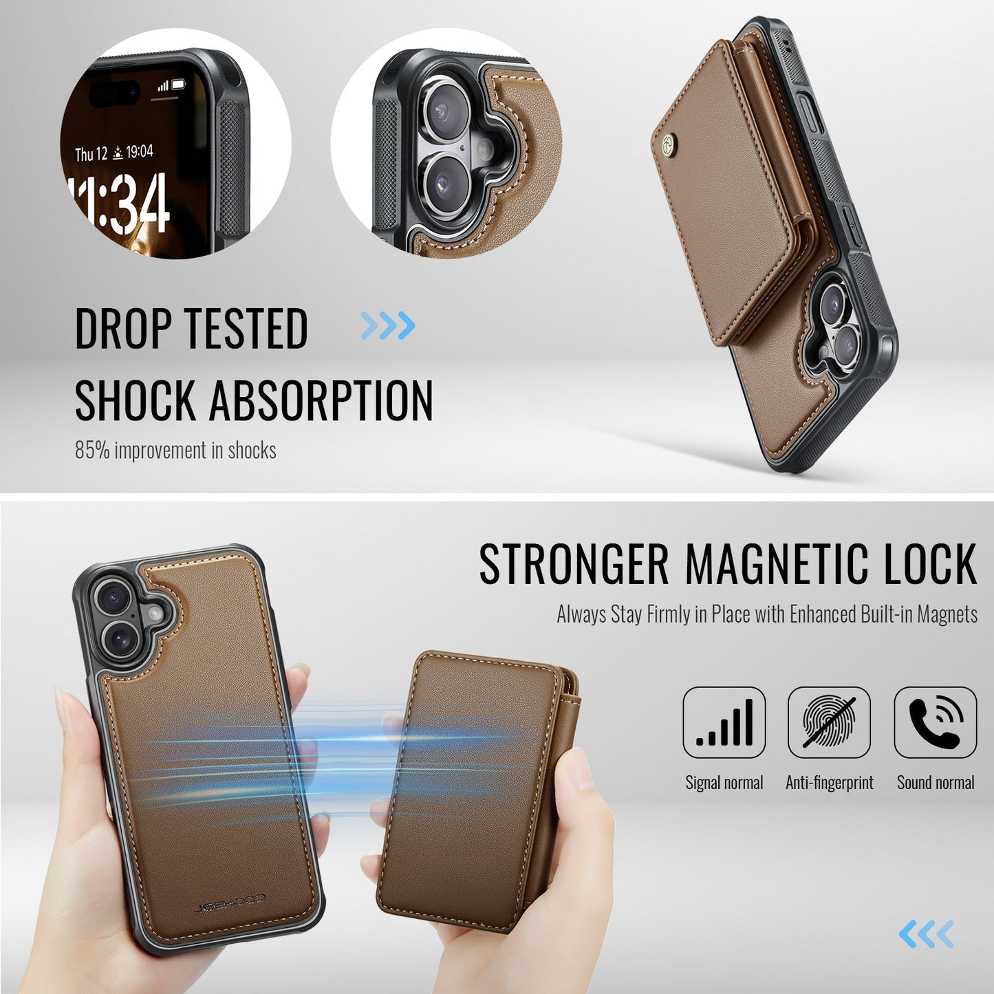 For iPhone 16 Case JEEHOOD J05 Card Holder Kickstand Leather+TPU Phone Cover - Brown