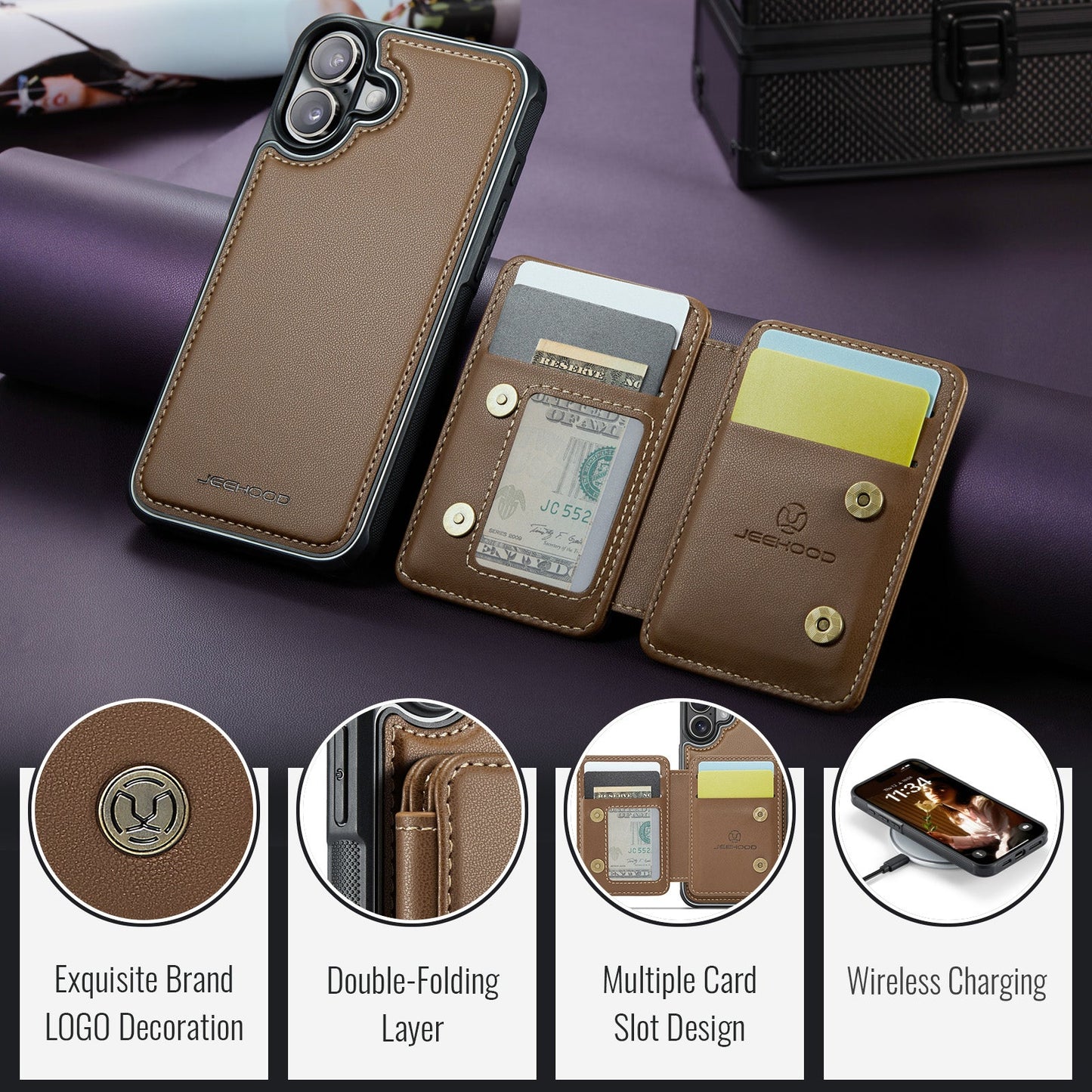 For iPhone 16 Case JEEHOOD J05 Card Holder Kickstand Leather+TPU Phone Cover - Brown