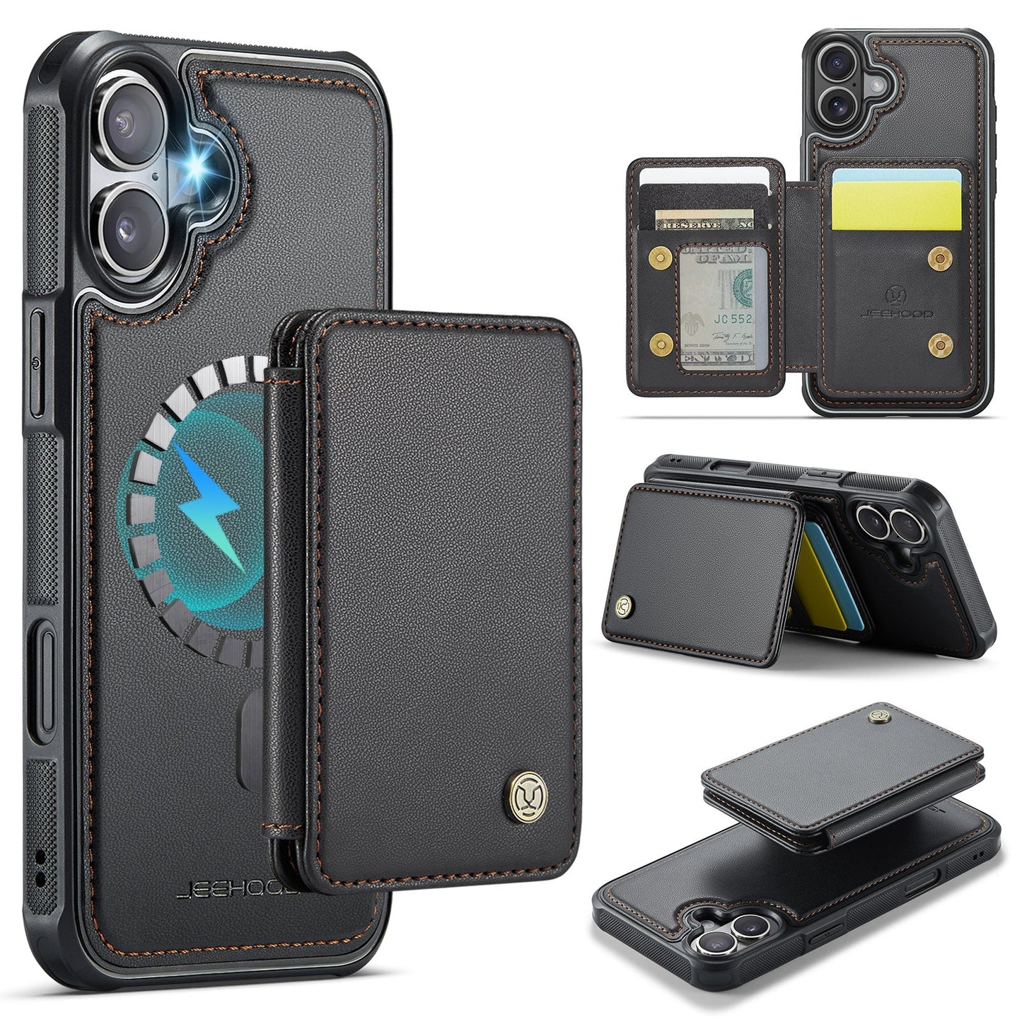 For iPhone 16 Case JEEHOOD J05 Card Holder Kickstand Leather+TPU Phone Cover - Black