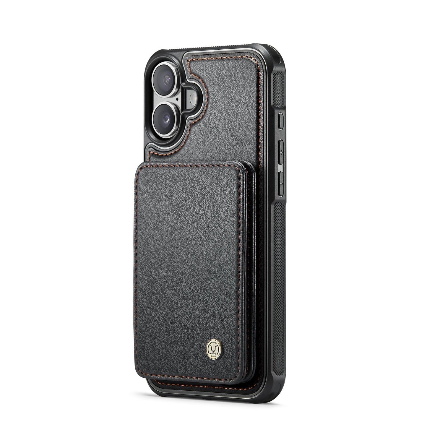 For iPhone 16 Case JEEHOOD J05 Card Holder Kickstand Leather+TPU Phone Cover - Black
