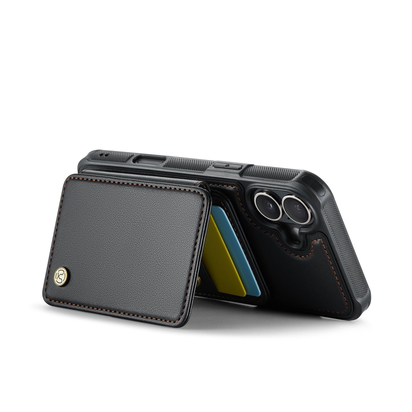 For iPhone 16 Case JEEHOOD J05 Card Holder Kickstand Leather+TPU Phone Cover - Black