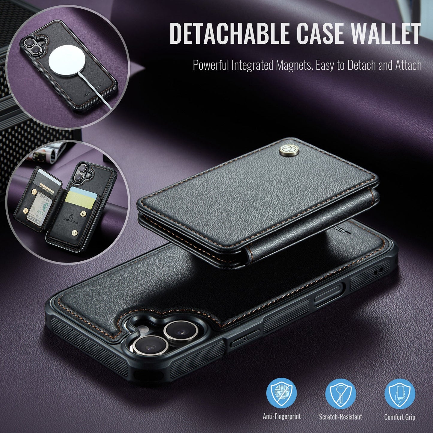 For iPhone 16 Case JEEHOOD J05 Card Holder Kickstand Leather+TPU Phone Cover - Black