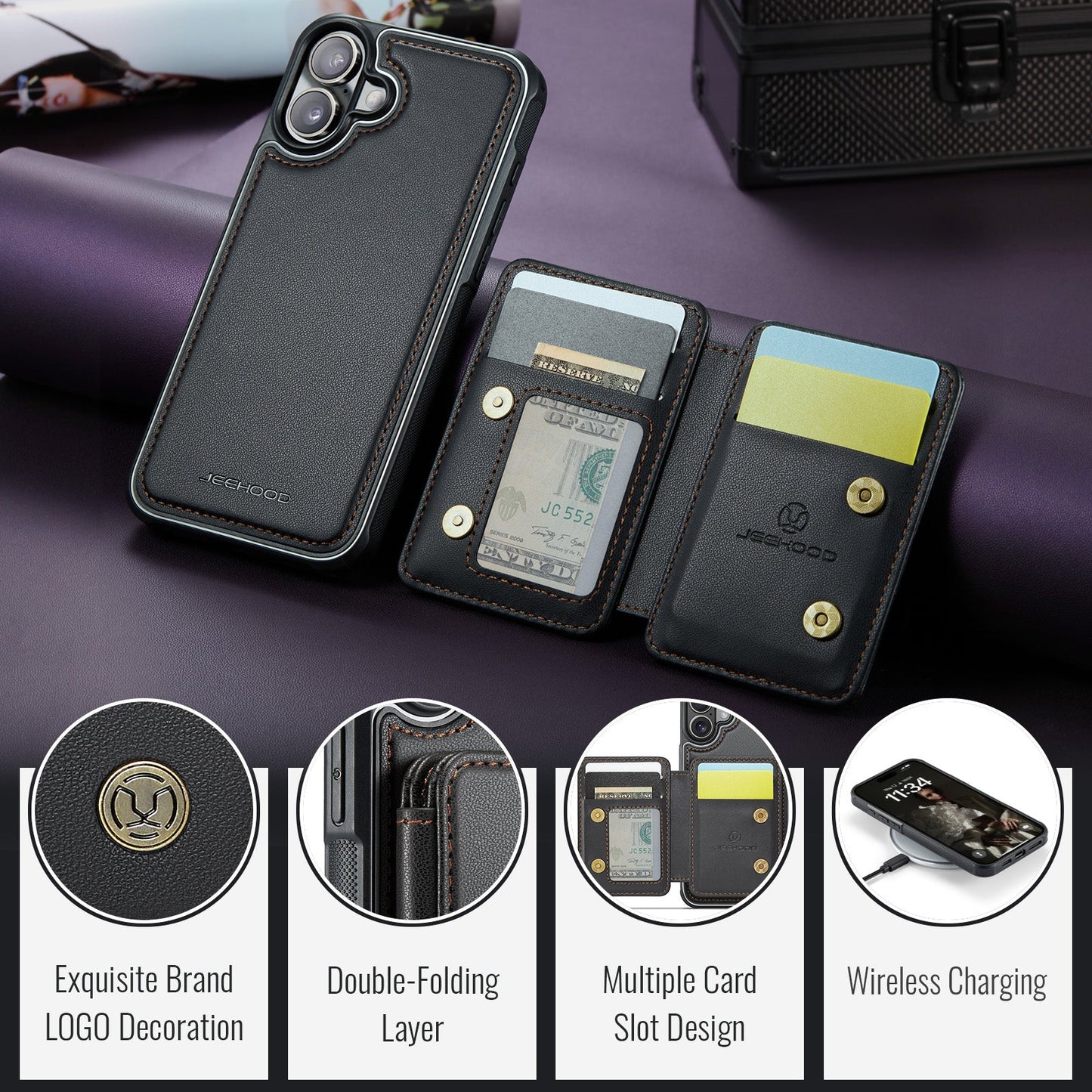 For iPhone 16 Case JEEHOOD J05 Card Holder Kickstand Leather+TPU Phone Cover - Black