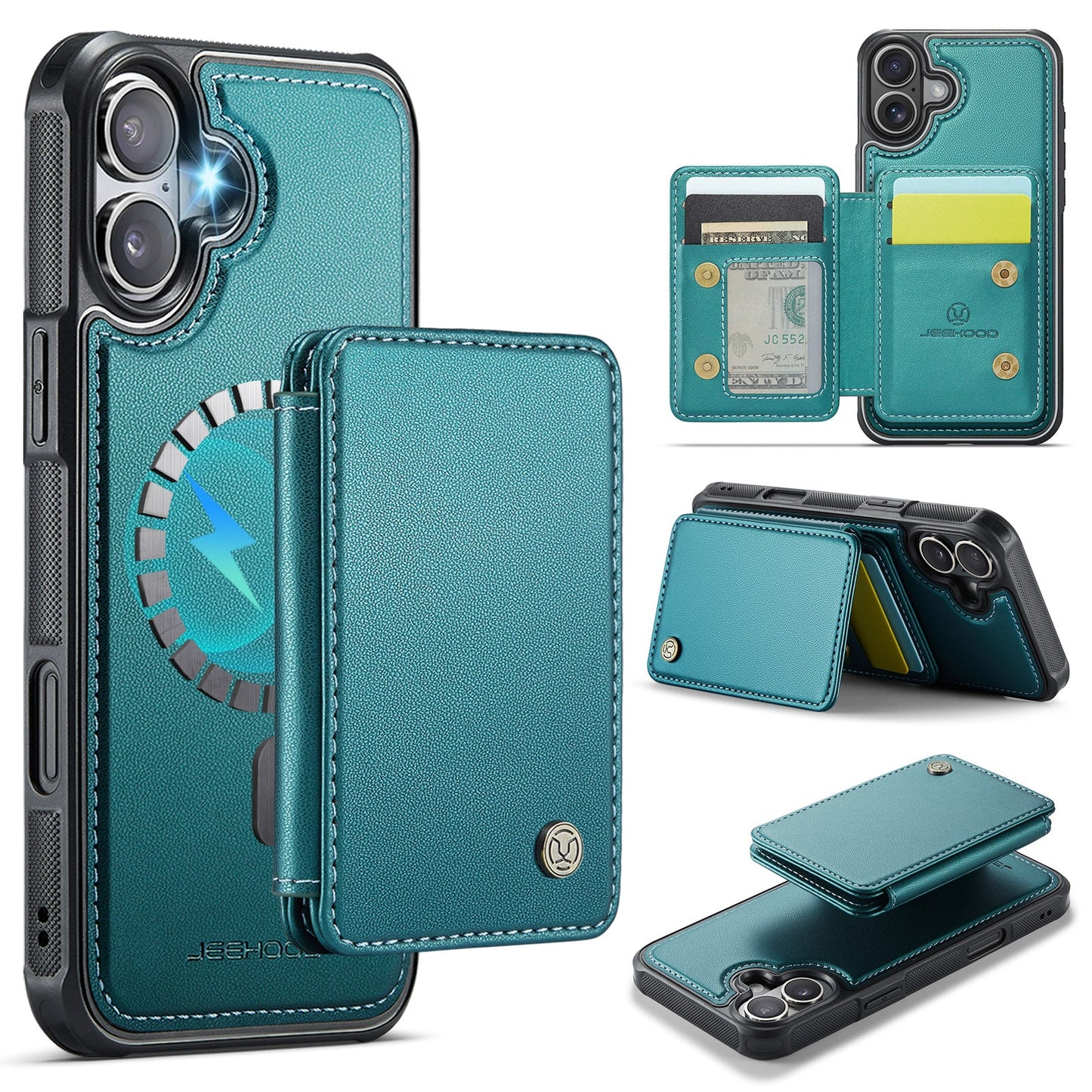 For iPhone 16 Case JEEHOOD J05 Card Holder Kickstand Leather+TPU Phone Cover - Blue